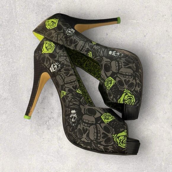 Iron Fist ‘Muerte Punk’ Skull Platform Heels Dark Gun Metal/Green Size 10US/8UK - Picture 1 of 11